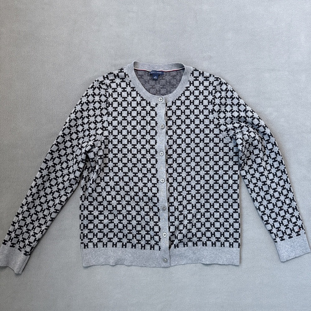 Tommy Hilfiger Cardigan Womens Large Gray Logo 100% Cotton Long Sleeve Fitted - Picture 1 of 12